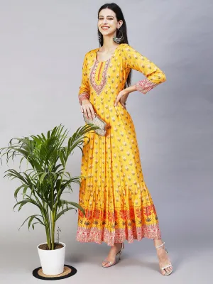 Floral Printed Hand Embroidered Pleated Maxi Dress - Yellow