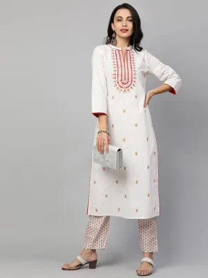 Floral Printed Kurta & Pants  – White