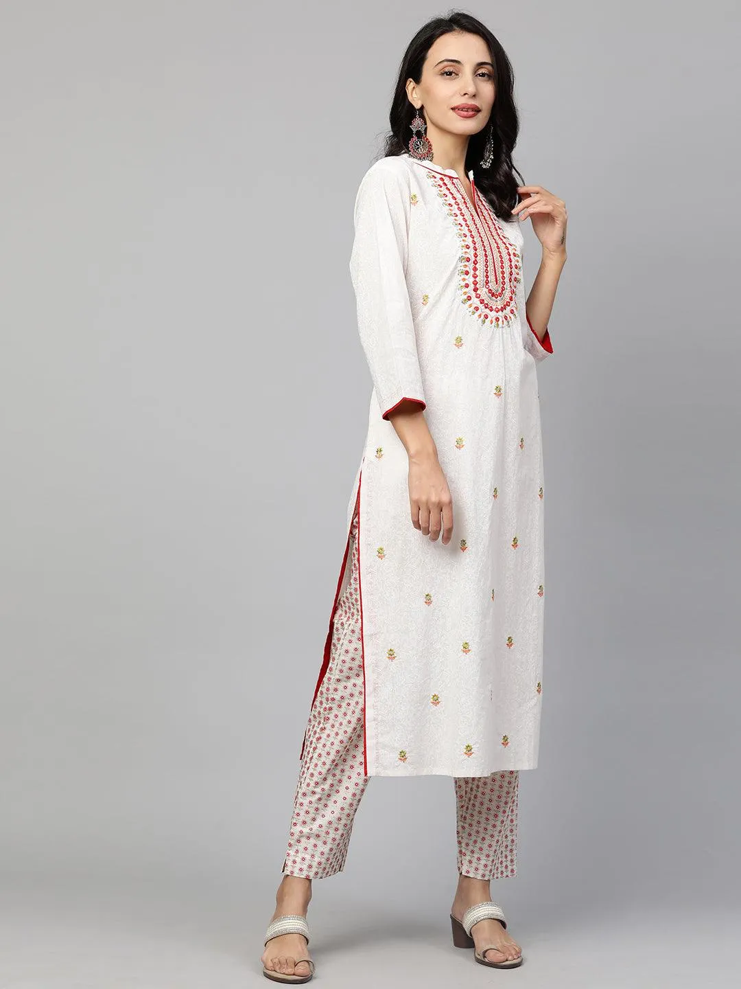 Floral Printed Kurta & Pants  – White