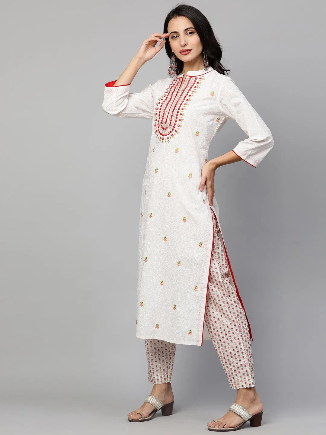 Floral Printed Kurta & Pants  – White