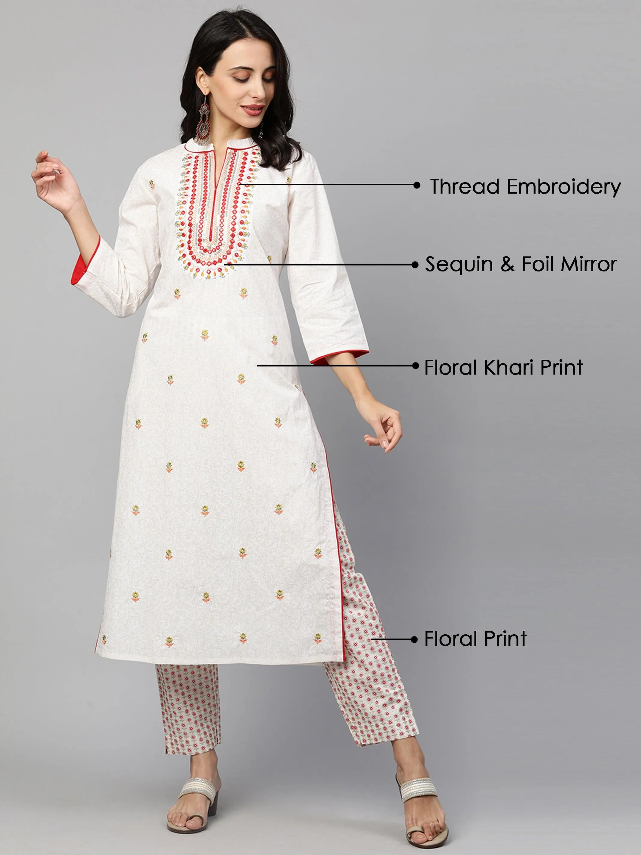 Floral Printed Kurta & Pants  – White