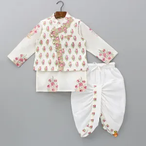 Floral Printed Kurta With Handworked Jacket And Dhoti