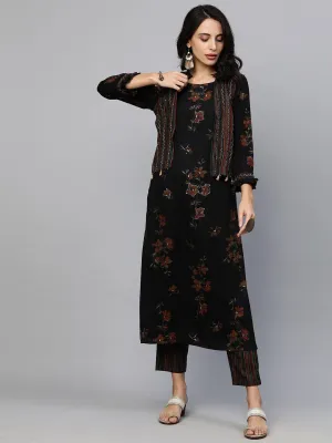 Floral Printed Kurta with Printed pants & Jacket - Black