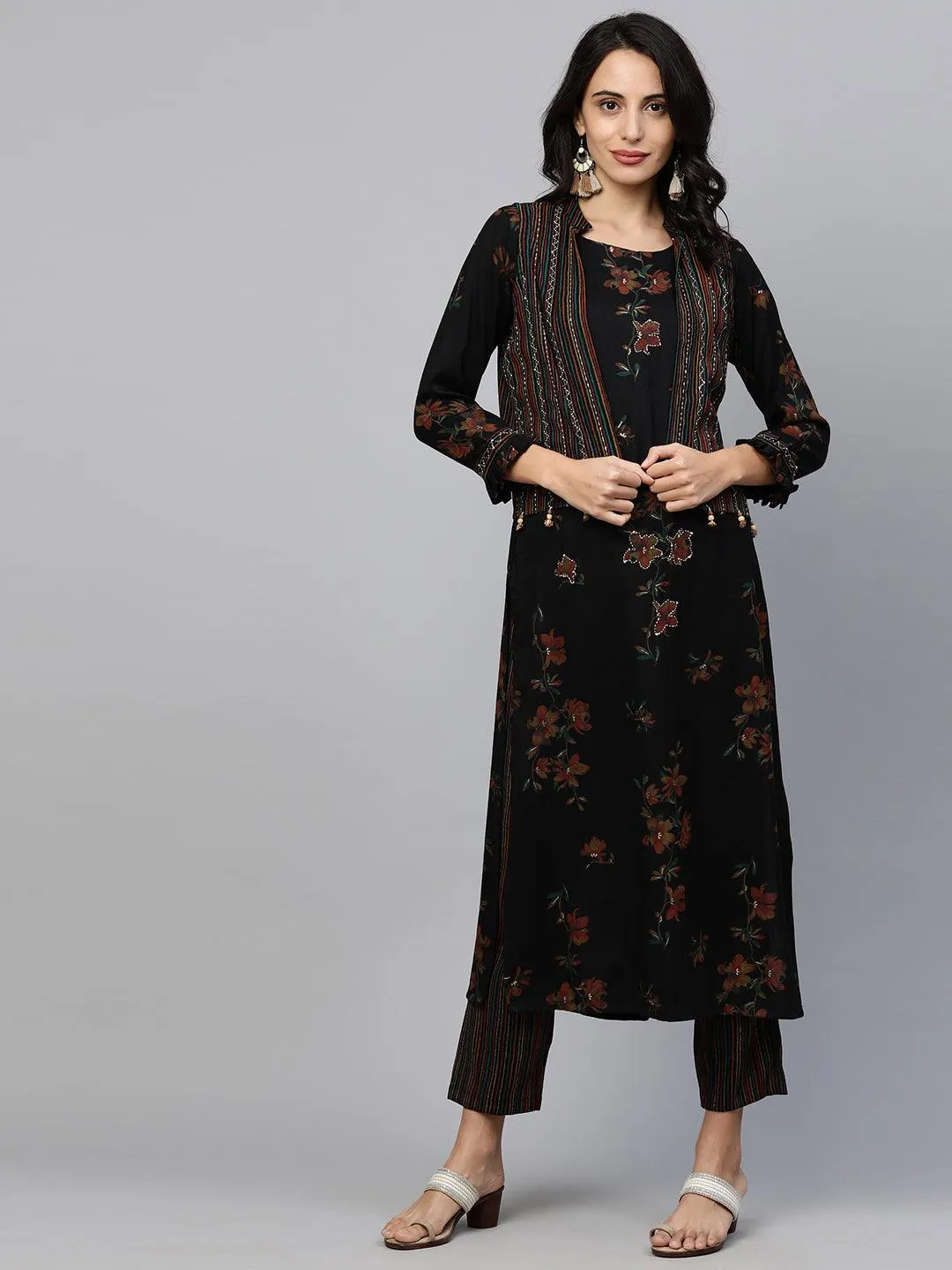 Floral Printed Kurta with Printed pants & Jacket - Black