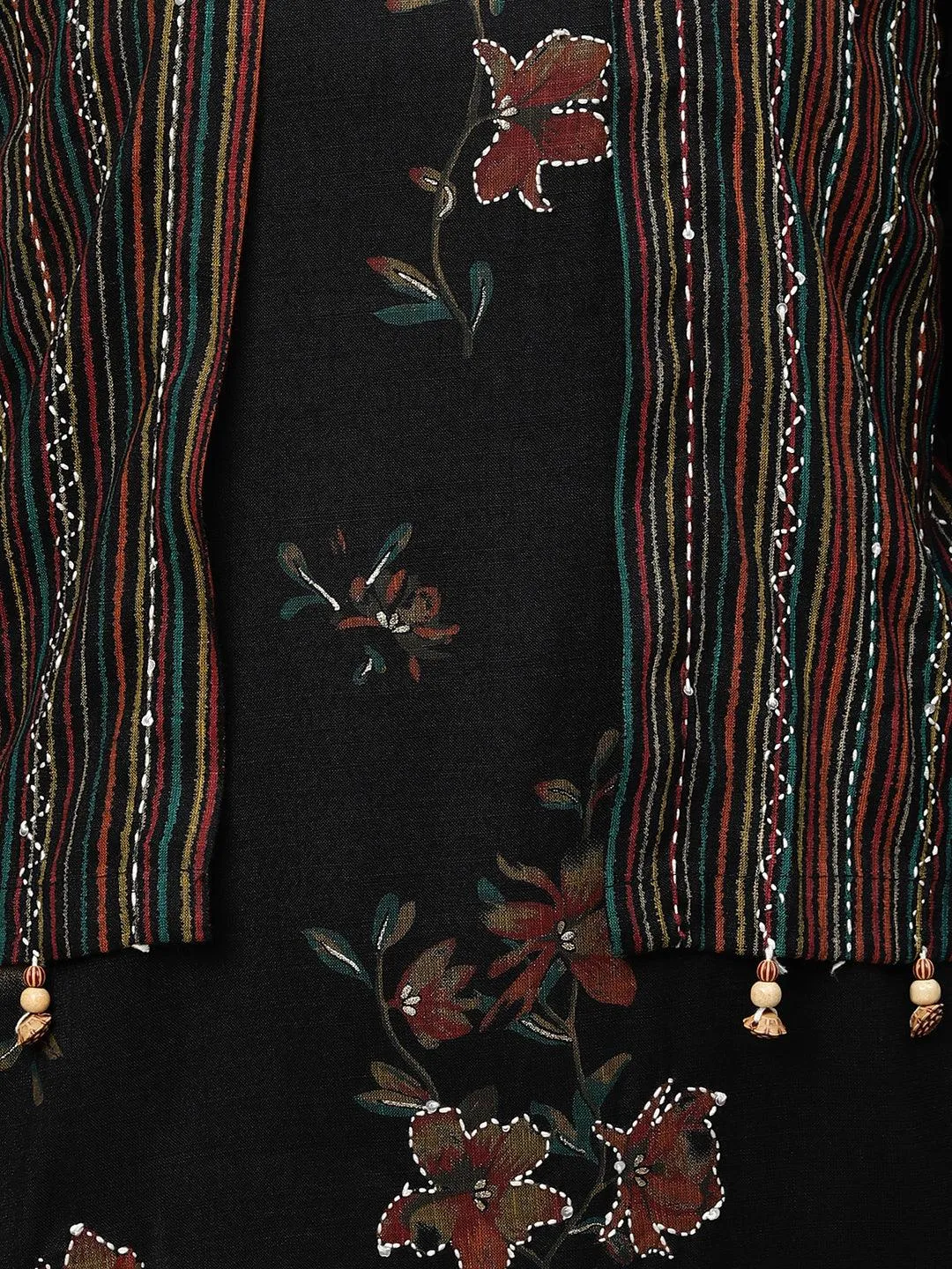 Floral Printed Kurta with Printed pants & Jacket - Black