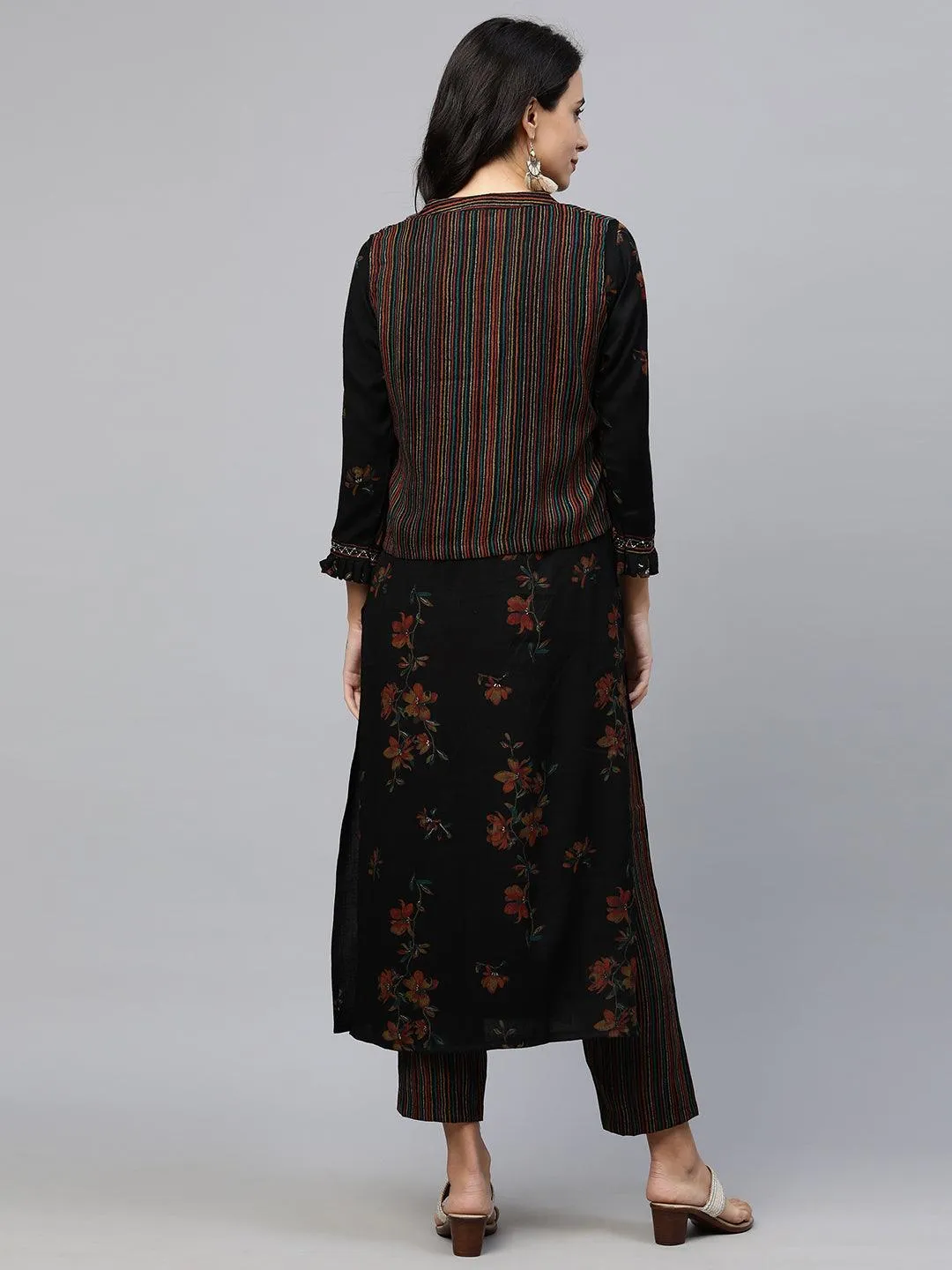 Floral Printed Kurta with Printed pants & Jacket - Black