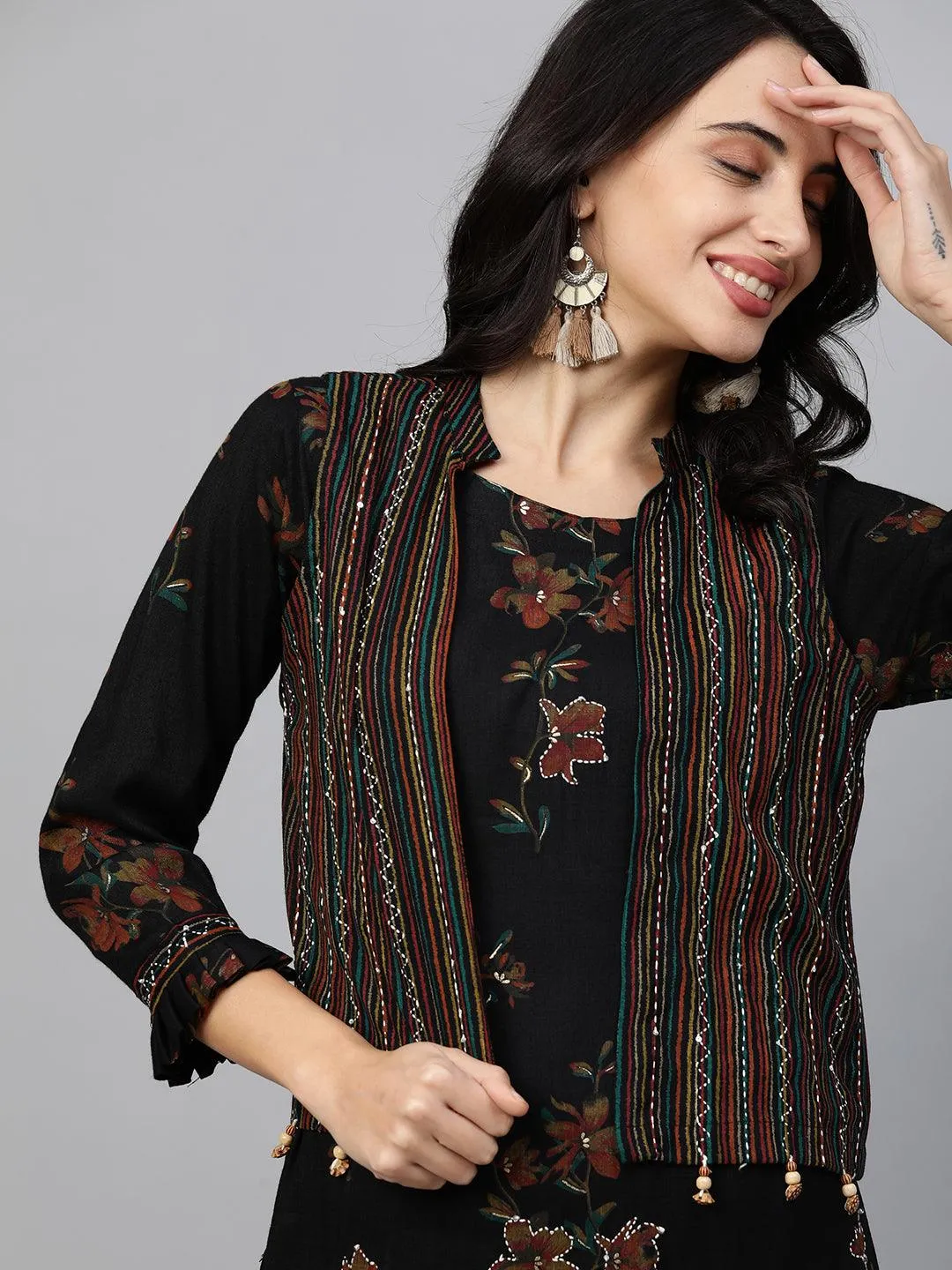 Floral Printed Kurta with Printed pants & Jacket - Black