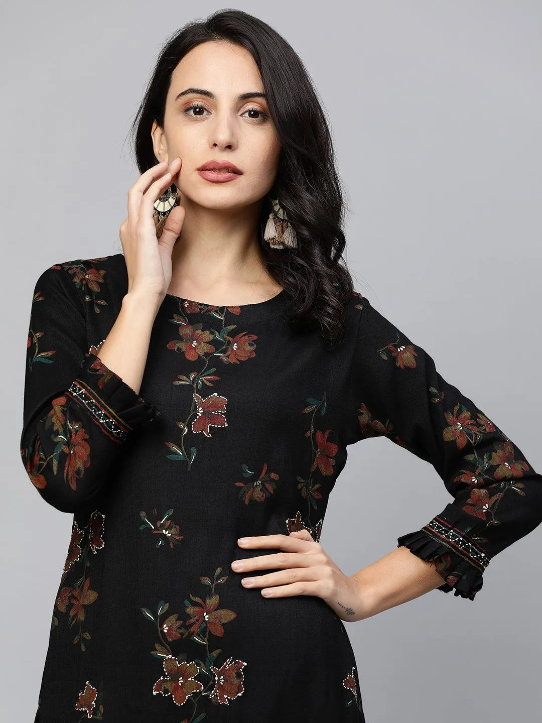 Floral Printed Kurta with Printed pants & Jacket - Black