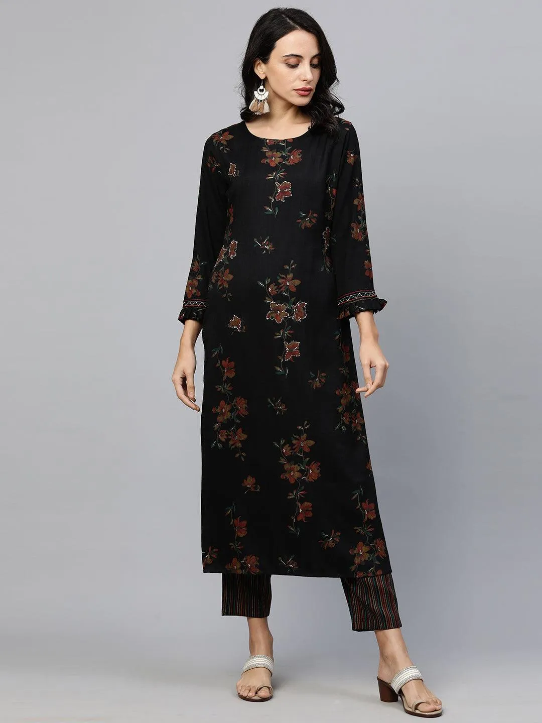 Floral Printed Kurta with Printed pants & Jacket - Black