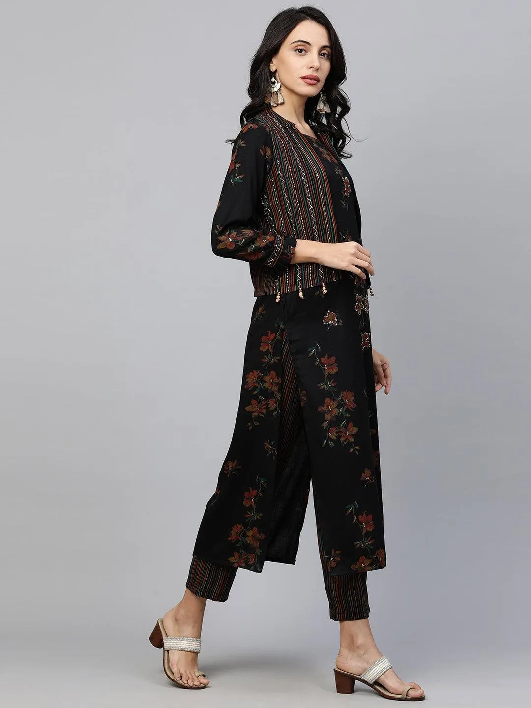 Floral Printed Kurta with Printed pants & Jacket - Black