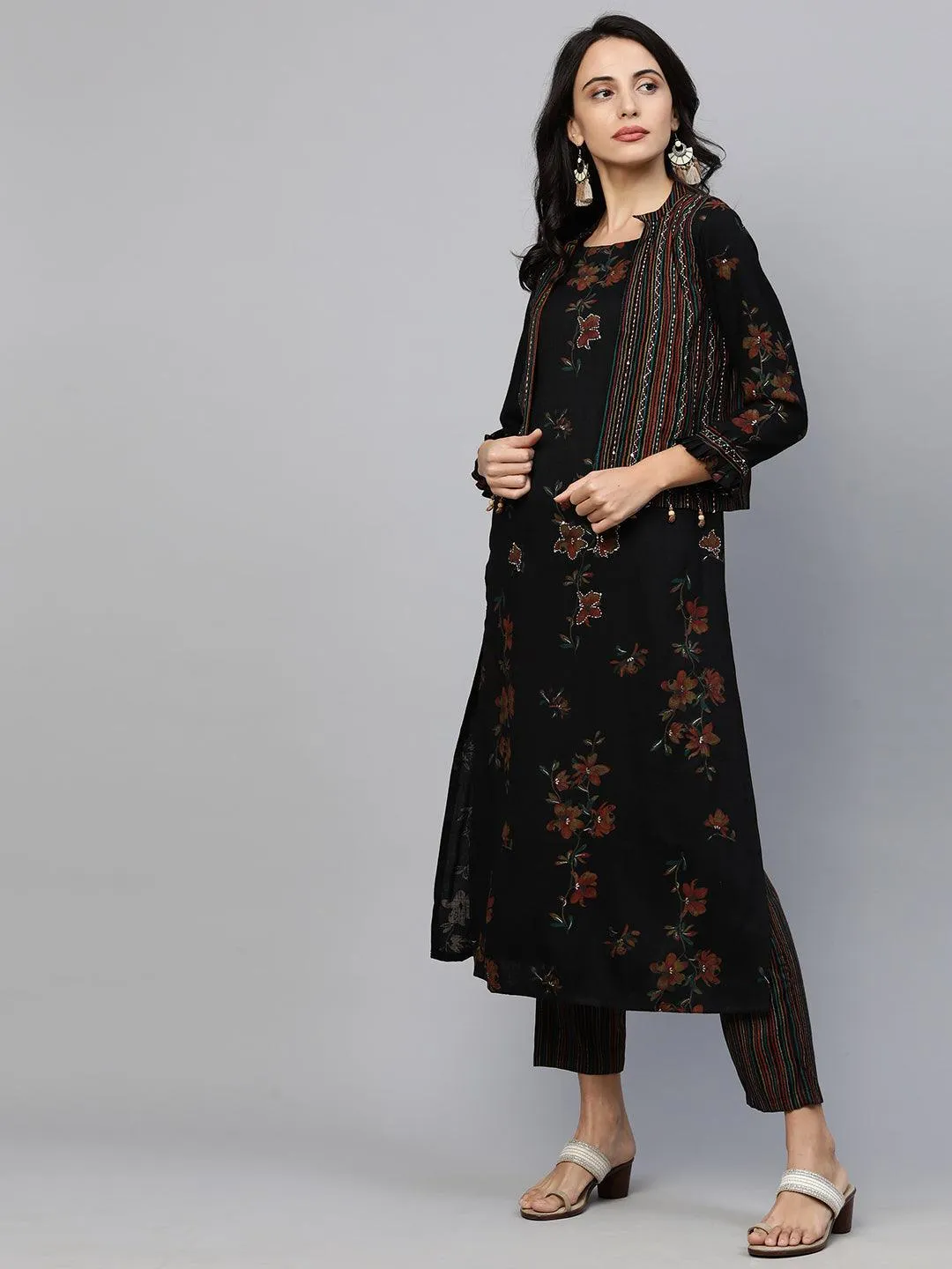 Floral Printed Kurta with Printed pants & Jacket - Black