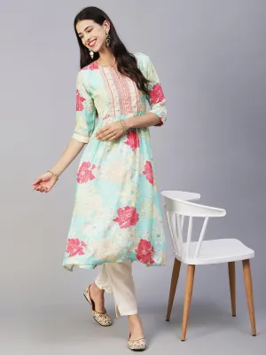 Floral Printed Lurex Striped Mirror & Zari Embroidered Kurta With Pants - Sea Green & Multi