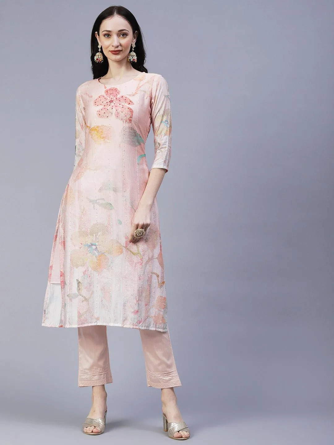 Floral Printed Mirror & Sequins Embroidered Kurta With Pants & Dupatta - Peach