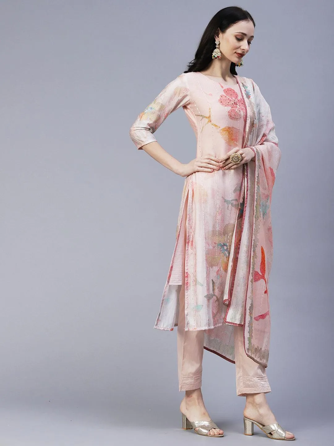 Floral Printed Mirror & Sequins Embroidered Kurta With Pants & Dupatta - Peach