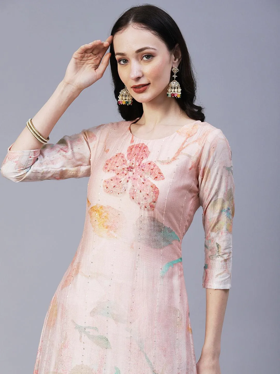 Floral Printed Mirror & Sequins Embroidered Kurta With Pants & Dupatta - Peach