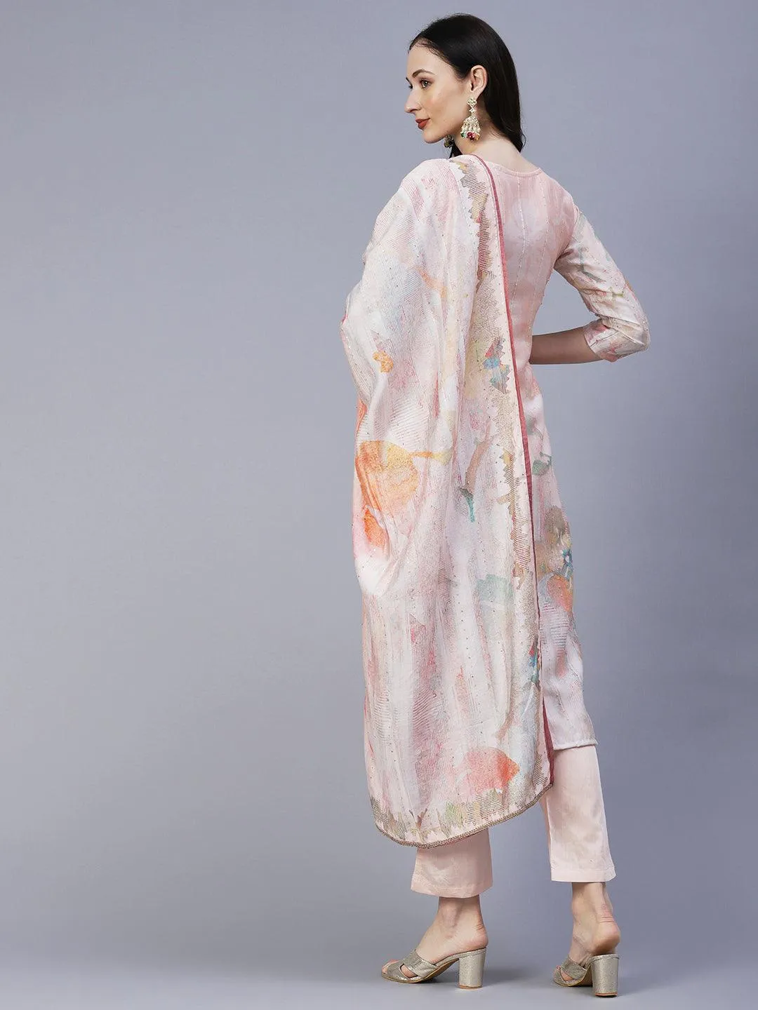 Floral Printed Mirror & Sequins Embroidered Kurta With Pants & Dupatta - Peach