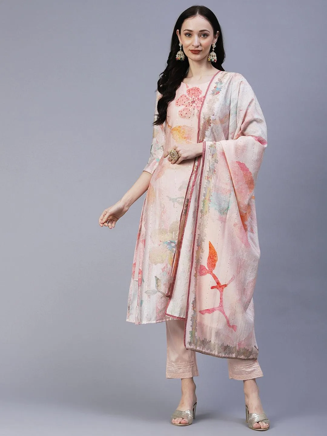 Floral Printed Mirror & Sequins Embroidered Kurta With Pants & Dupatta - Peach