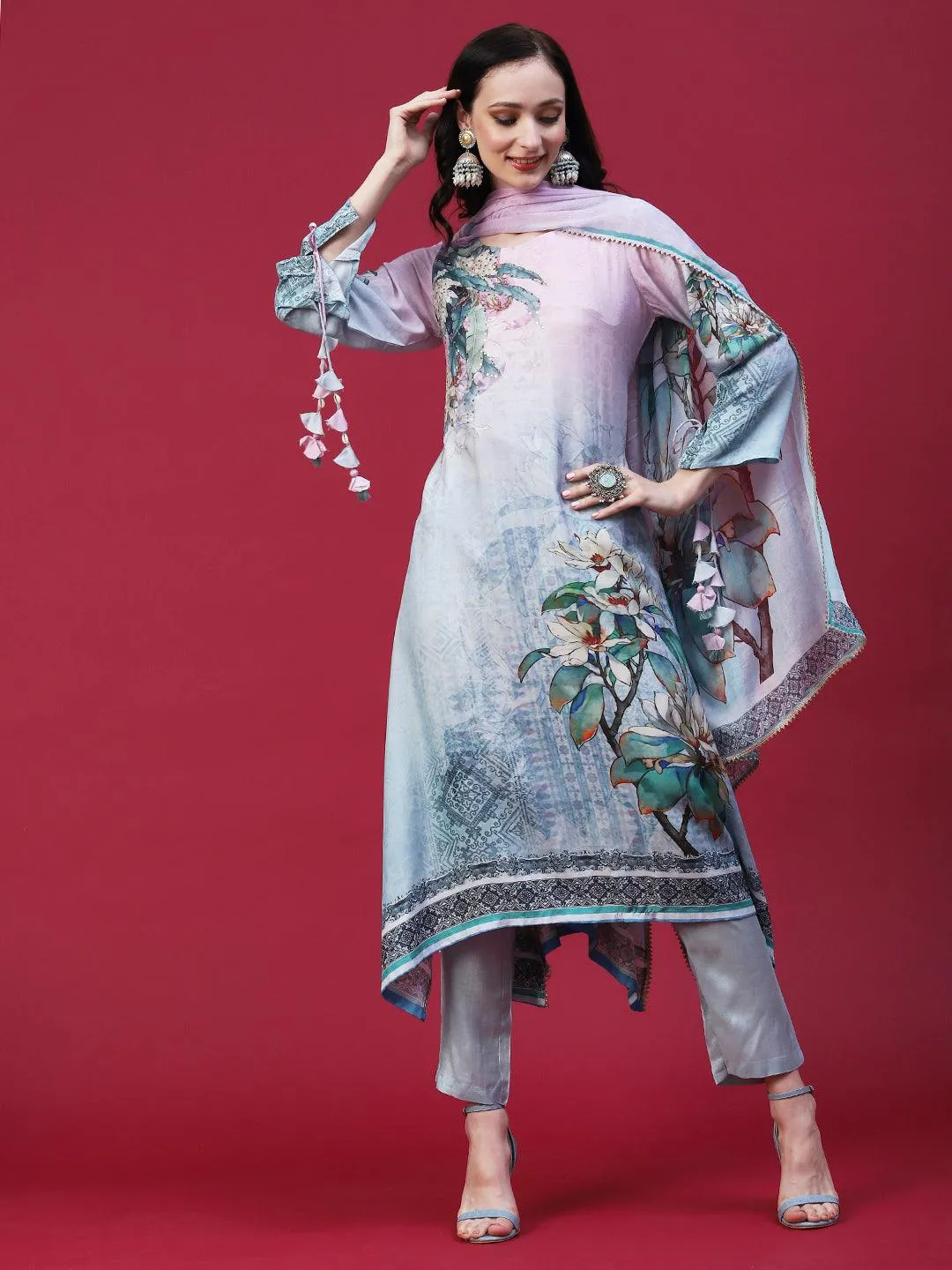 Floral Printed Mirror Embellished Kurta With Pants & Printed Dupatta - Powder Blue