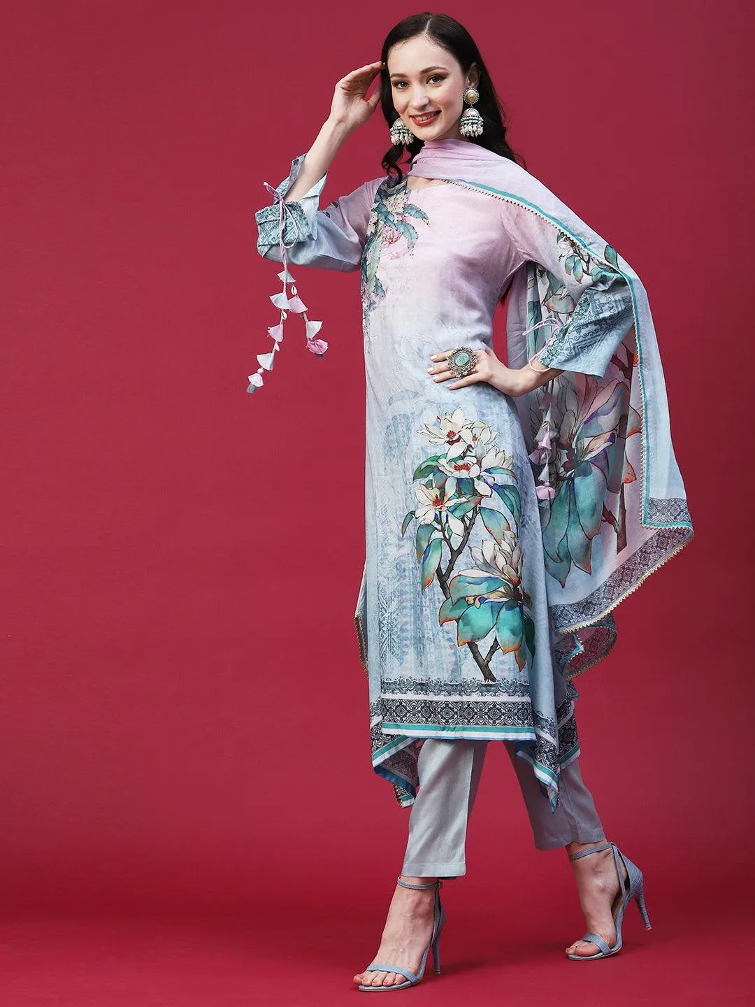 Floral Printed Mirror Embellished Kurta With Pants & Printed Dupatta - Powder Blue