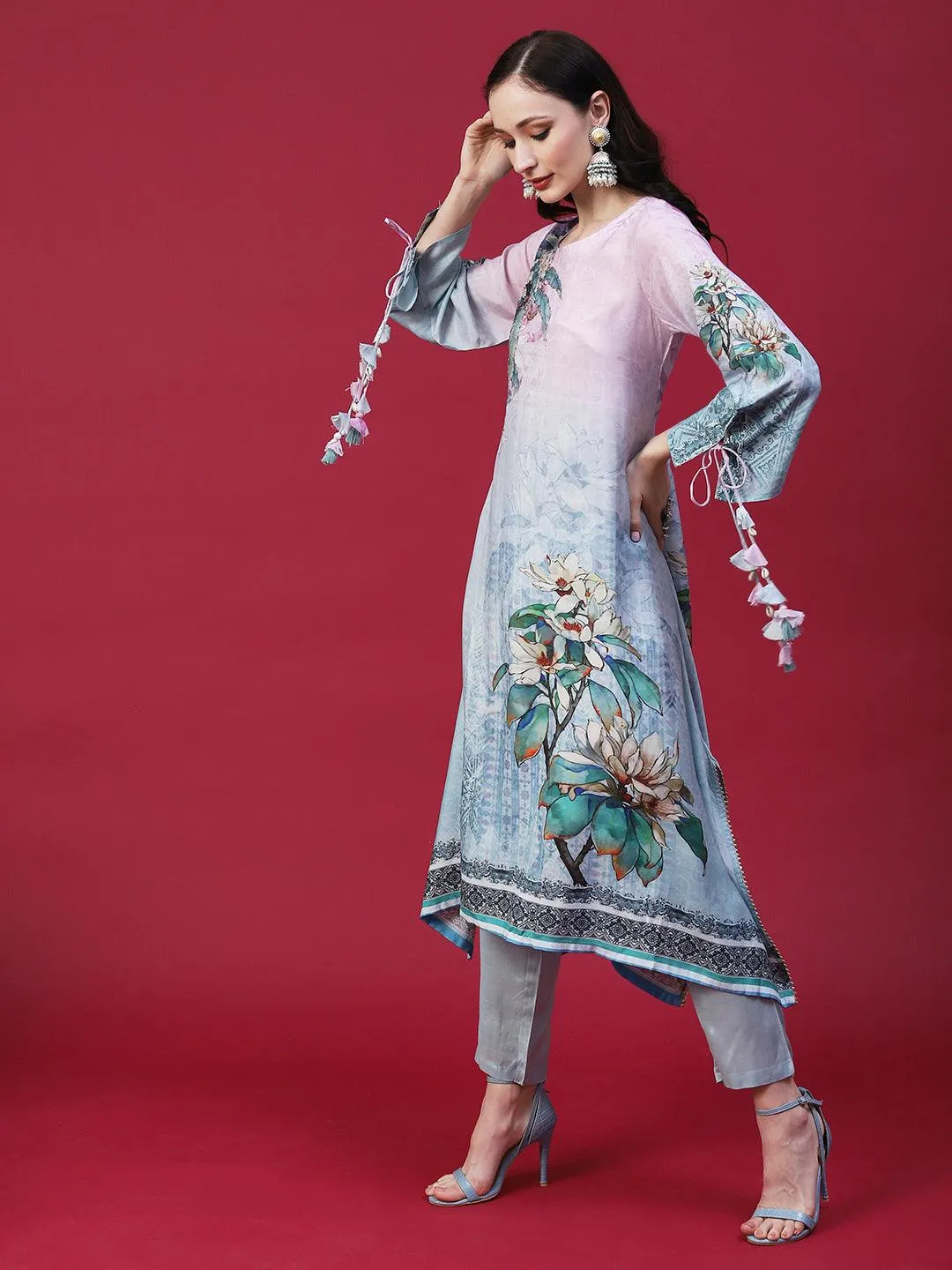 Floral Printed Mirror Embellished Kurta With Pants & Printed Dupatta - Powder Blue