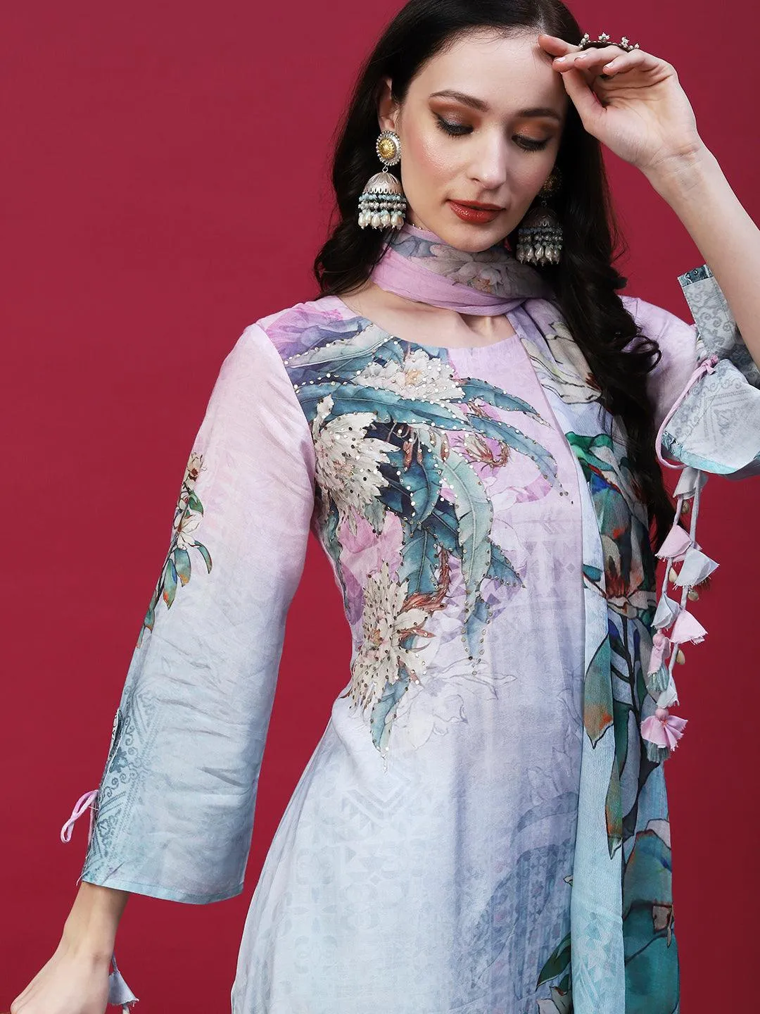 Floral Printed Mirror Embellished Kurta With Pants & Printed Dupatta - Powder Blue