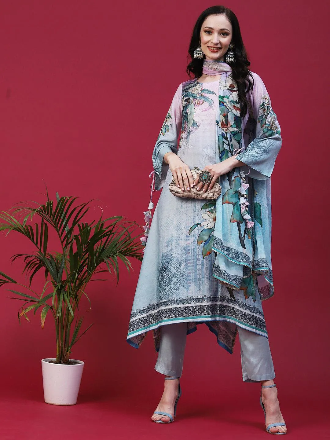 Floral Printed Mirror Embellished Kurta With Pants & Printed Dupatta - Powder Blue