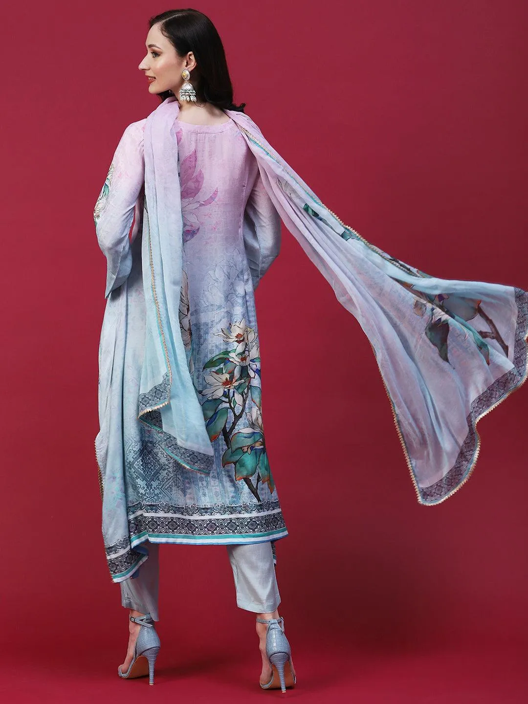 Floral Printed Mirror Embellished Kurta With Pants & Printed Dupatta - Powder Blue