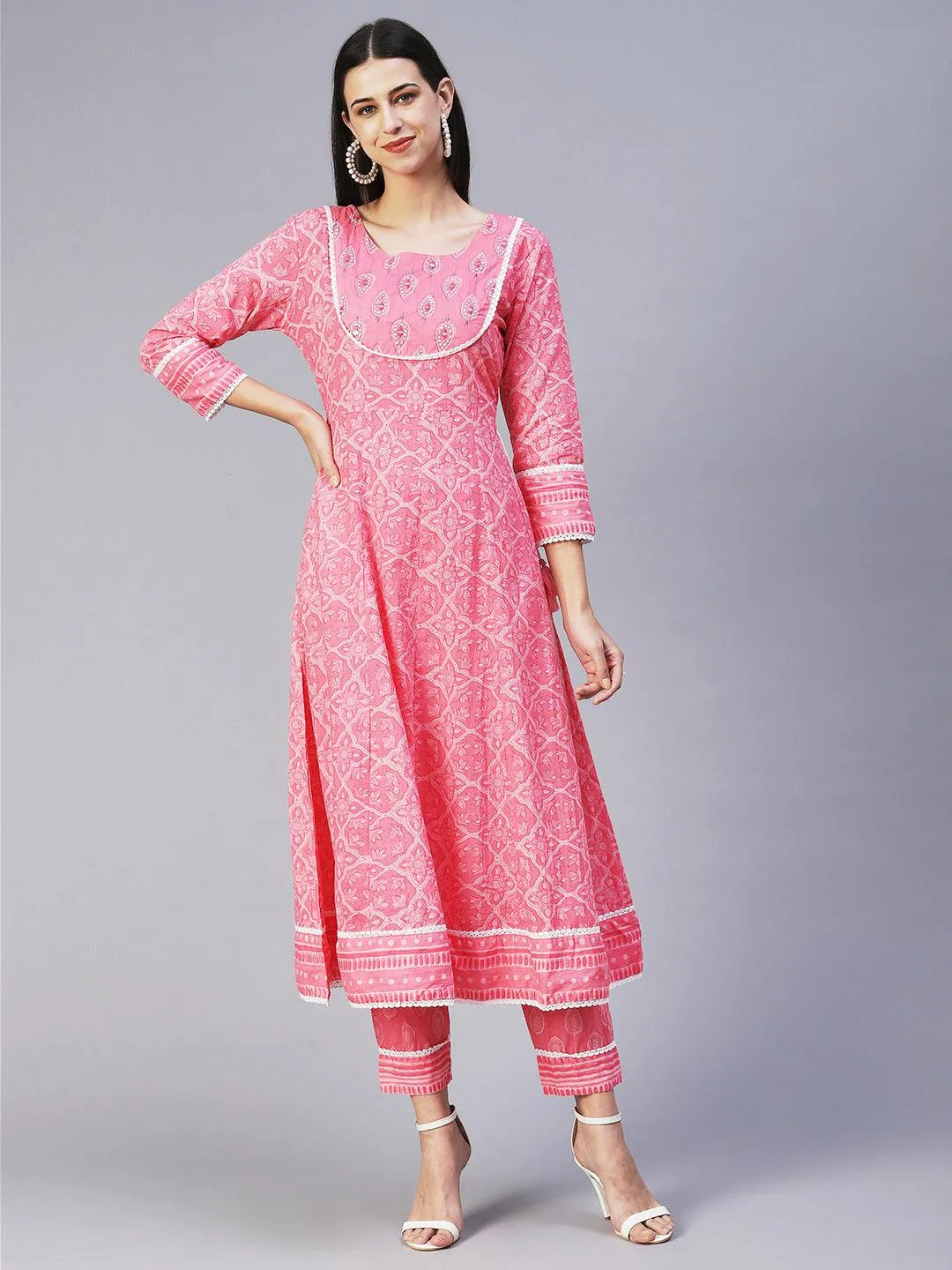 Floral Printed Mirror Embroidered Anarkali Kurta With Printed Pants & Dupatta - Pink