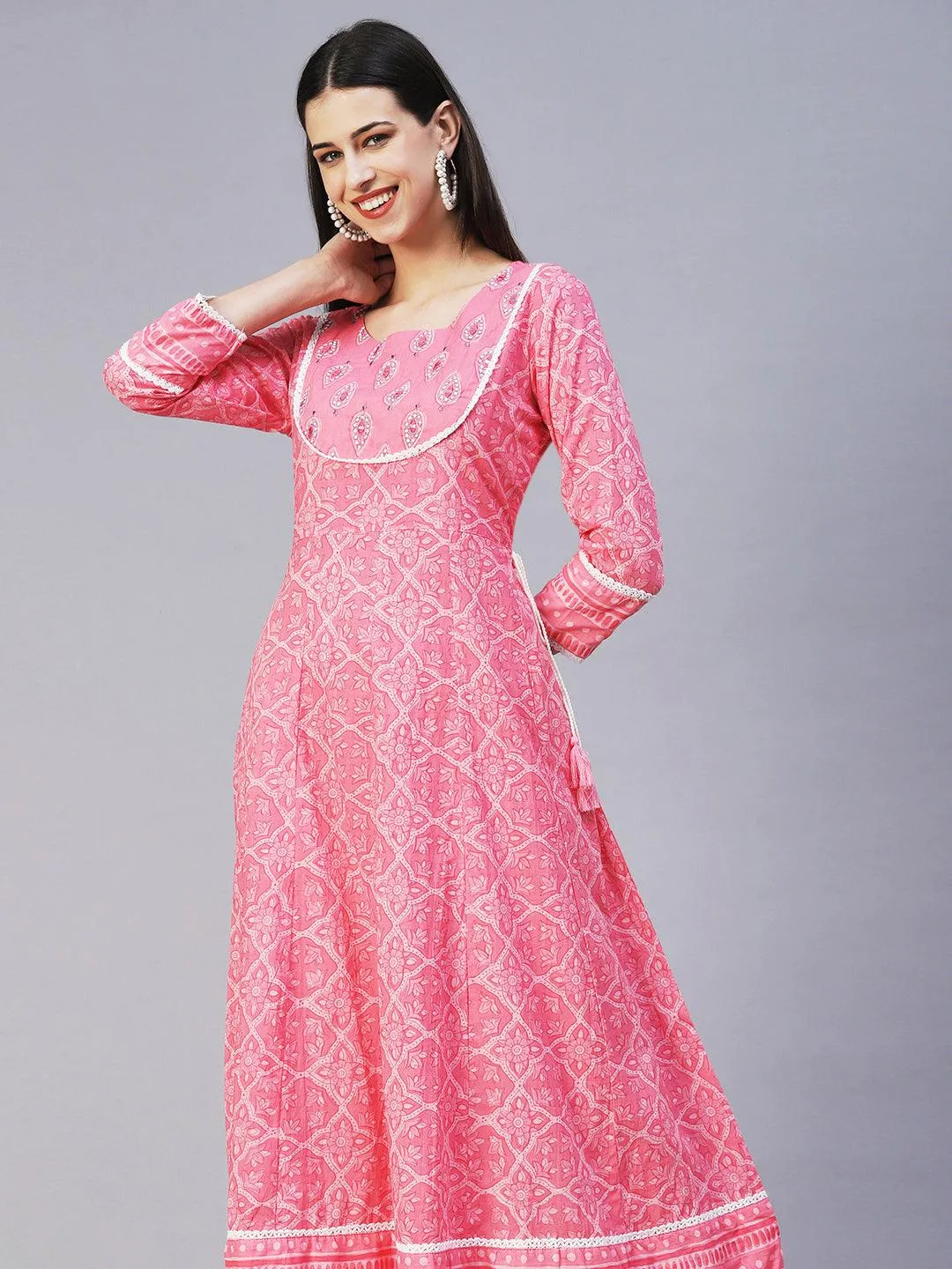 Floral Printed Mirror Embroidered Anarkali Kurta With Printed Pants & Dupatta - Pink