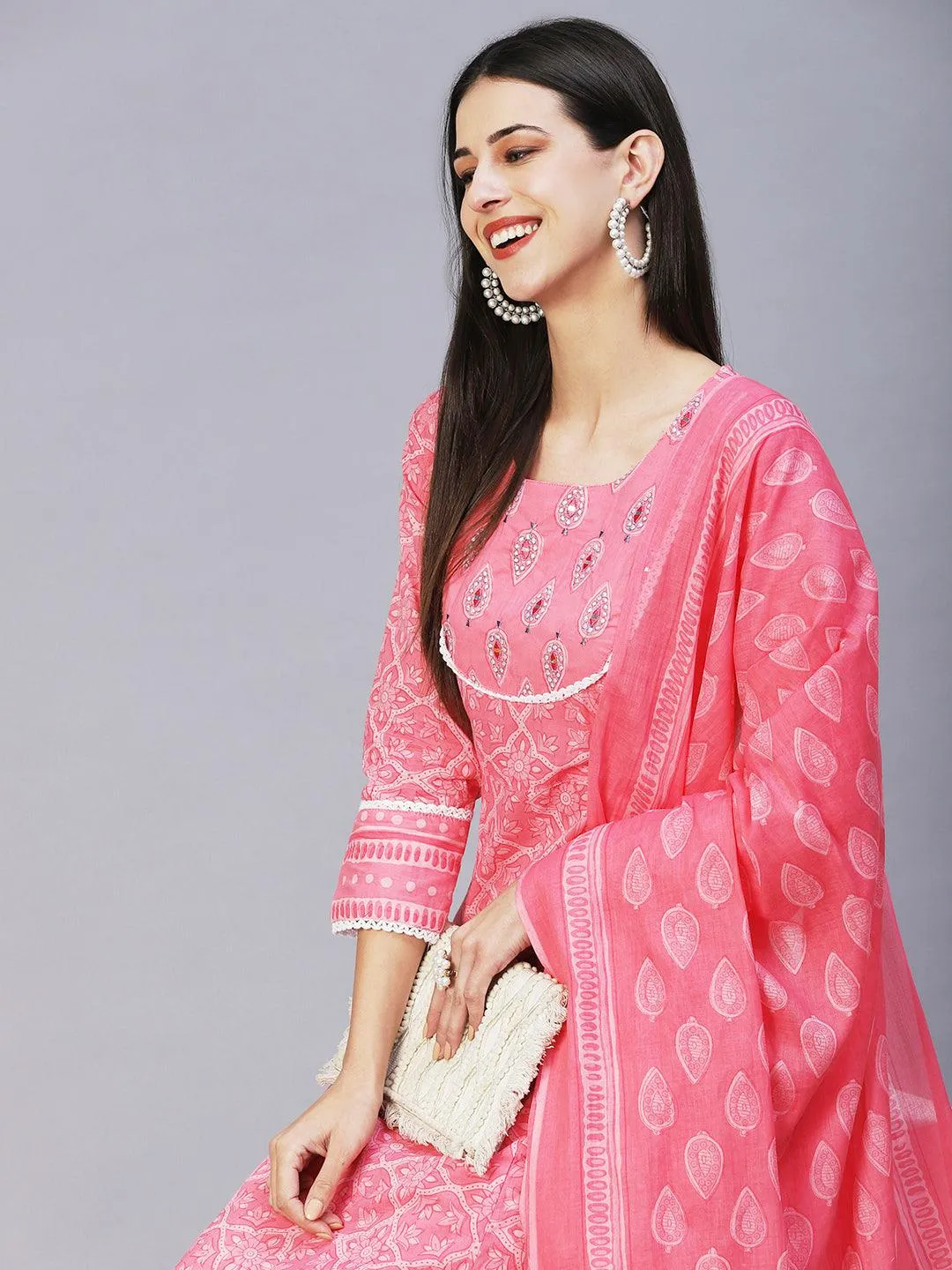 Floral Printed Mirror Embroidered Anarkali Kurta With Printed Pants & Dupatta - Pink