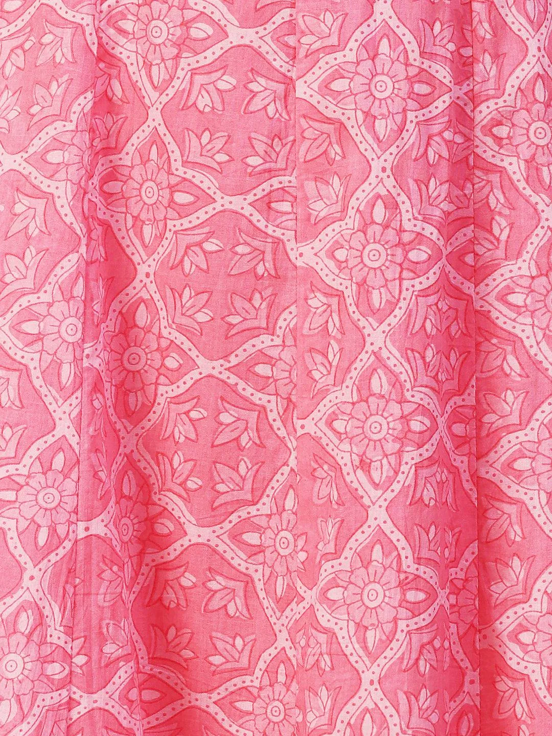 Floral Printed Mirror Embroidered Anarkali Kurta With Printed Pants & Dupatta - Pink