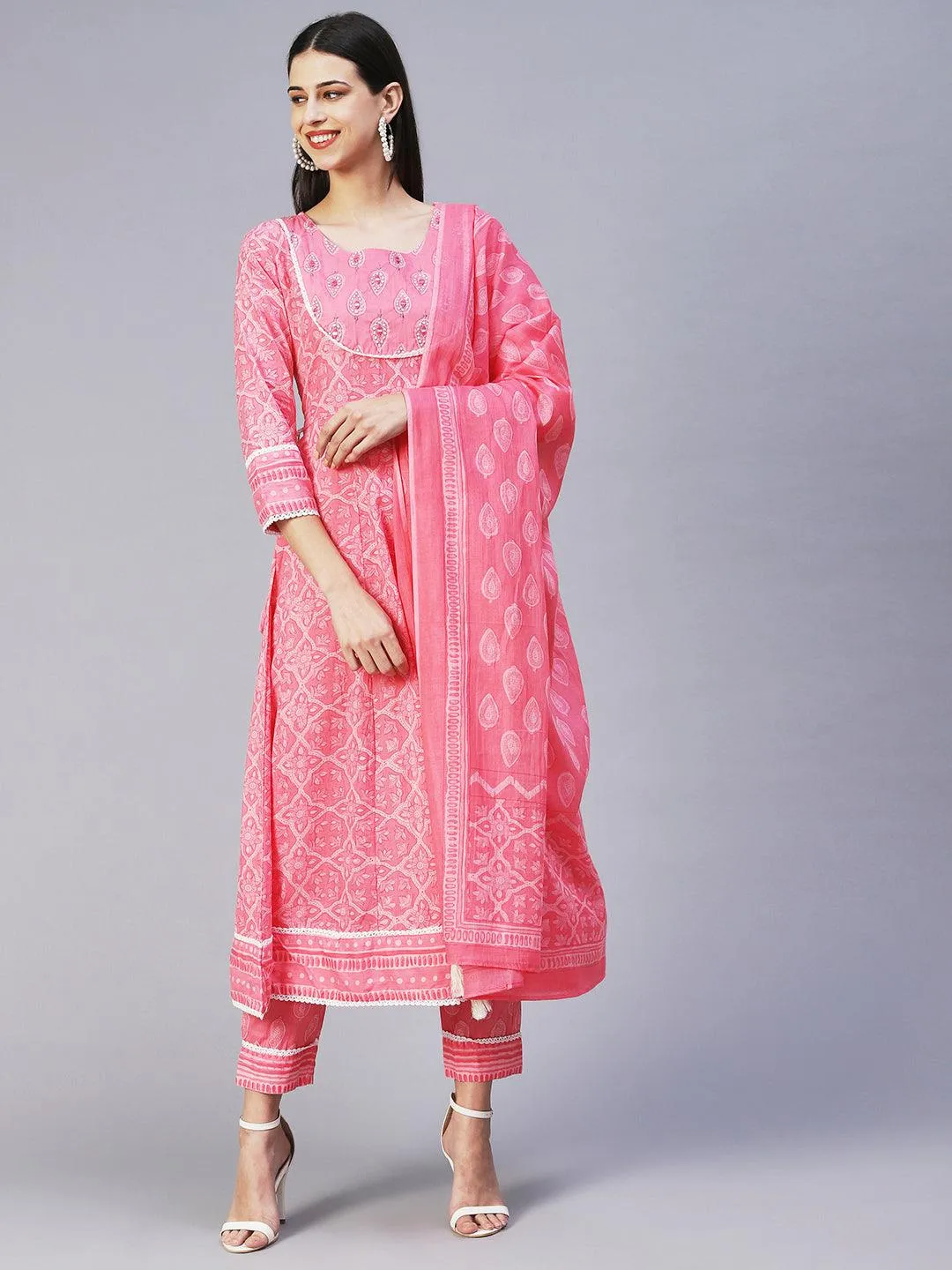 Floral Printed Mirror Embroidered Anarkali Kurta With Printed Pants & Dupatta - Pink