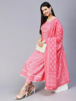 Floral Printed Mirror Embroidered Anarkali Kurta With Printed Pants & Dupatta - Pink