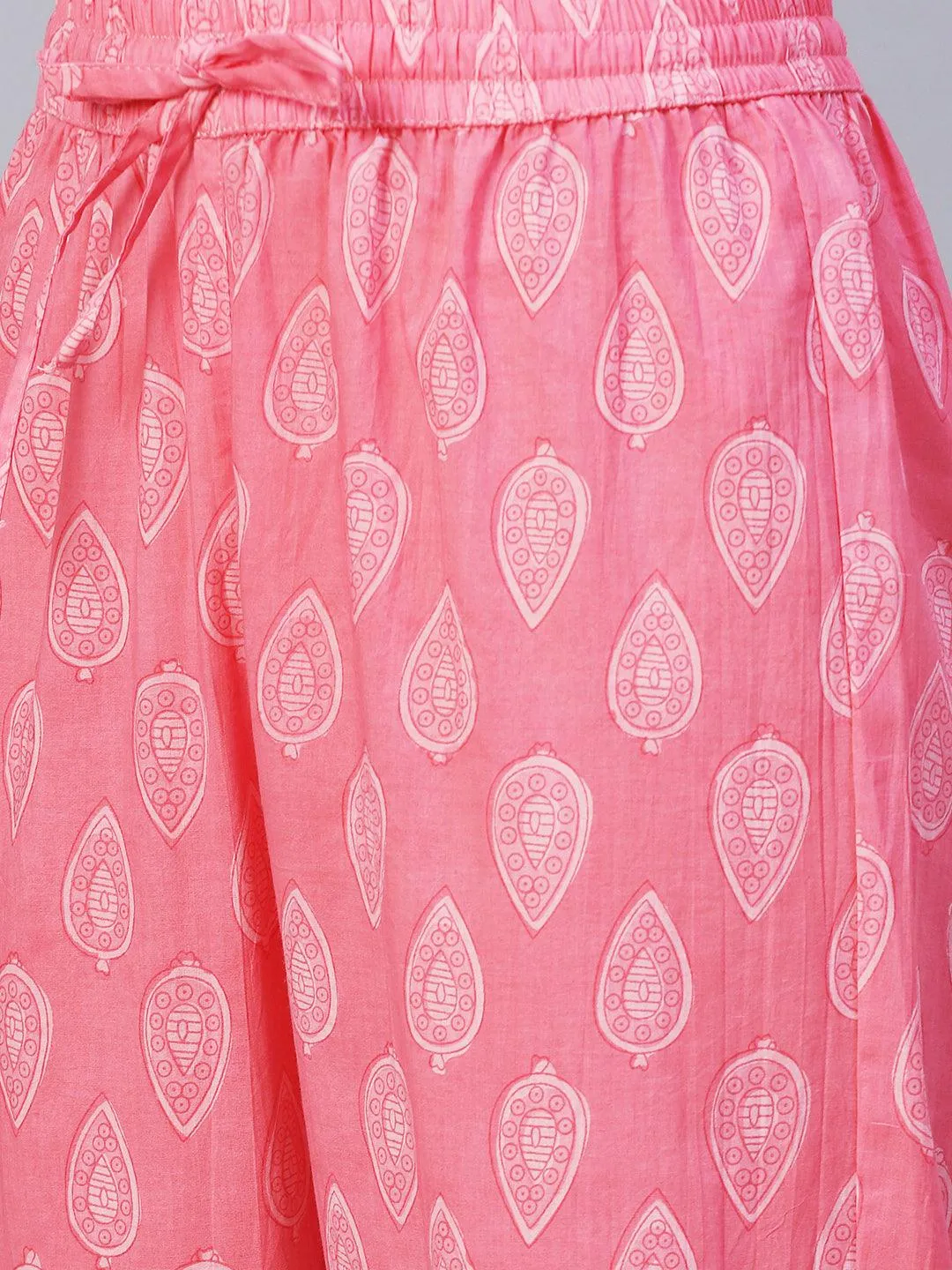 Floral Printed Mirror Embroidered Anarkali Kurta With Printed Pants & Dupatta - Pink