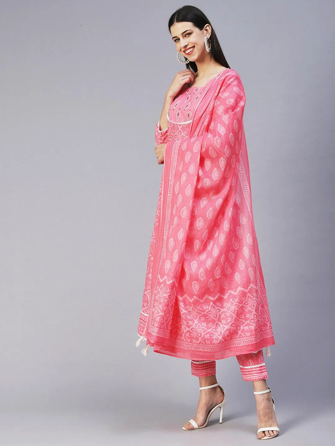 Floral Printed Mirror Embroidered Anarkali Kurta With Printed Pants & Dupatta - Pink