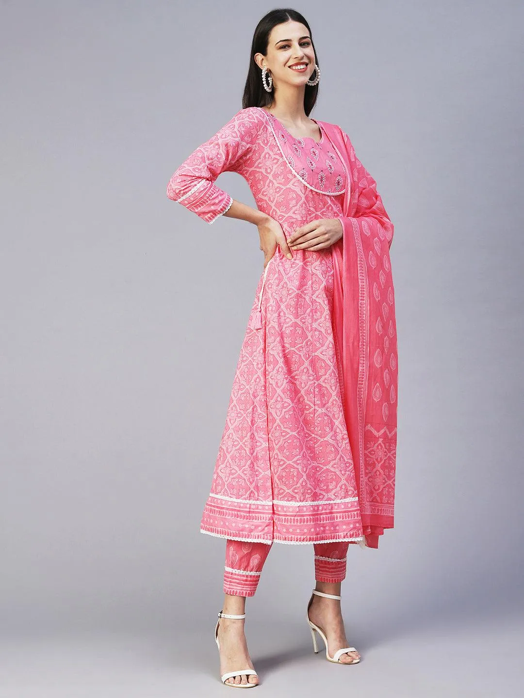 Floral Printed Mirror Embroidered Anarkali Kurta With Printed Pants & Dupatta - Pink