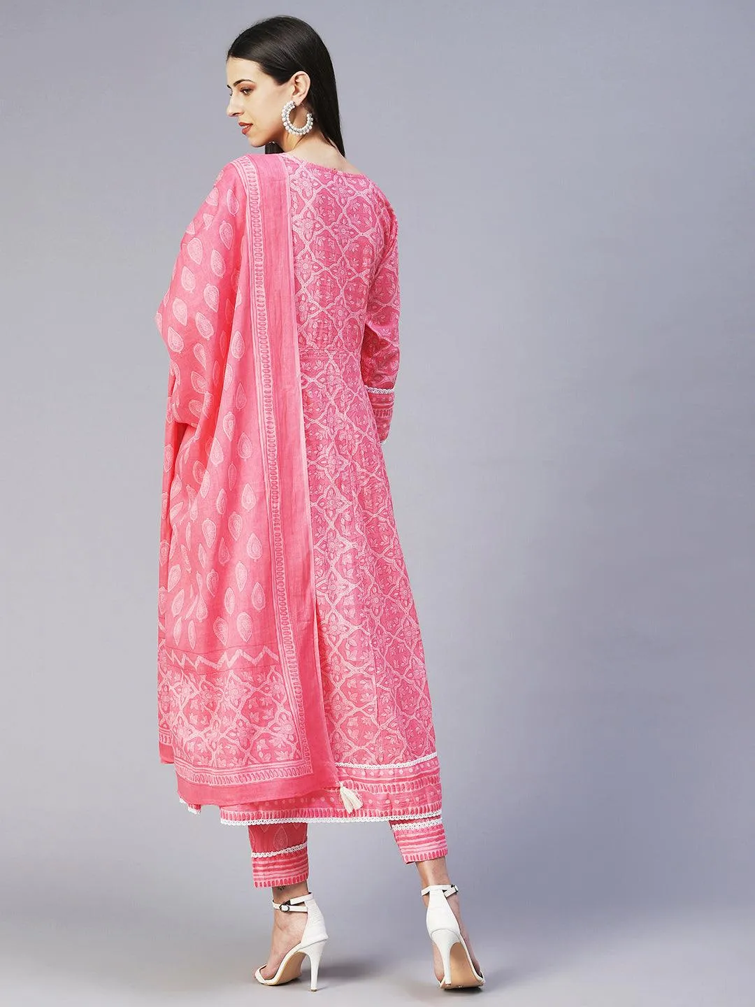 Floral Printed Mirror Embroidered Anarkali Kurta With Printed Pants & Dupatta - Pink