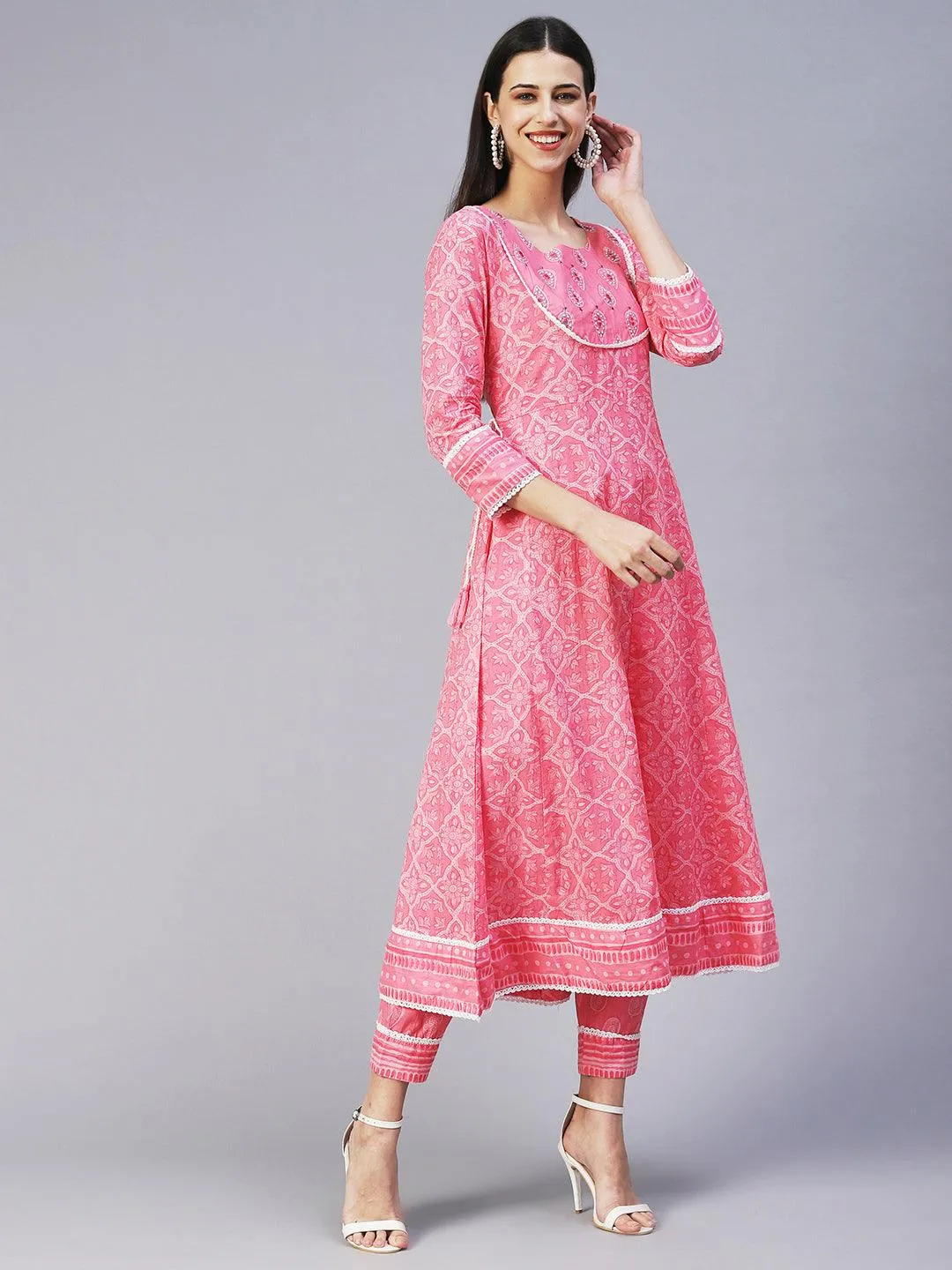 Floral Printed Mirror Embroidered Anarkali Kurta With Printed Pants & Dupatta - Pink