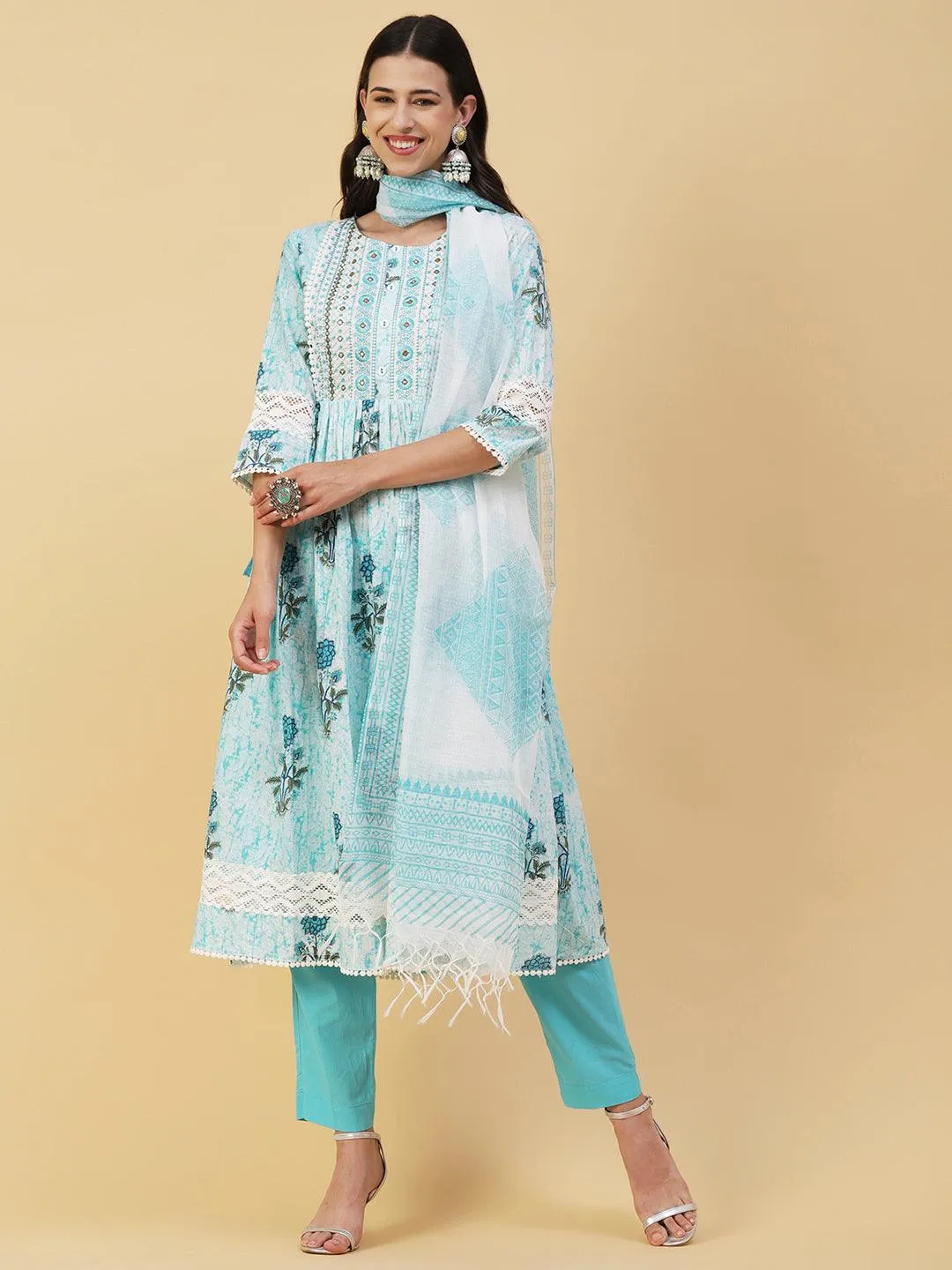 Floral Printed Mirror Embroidered High Slit Gathered Kurta With Pants & Dupatta - Sky Blue