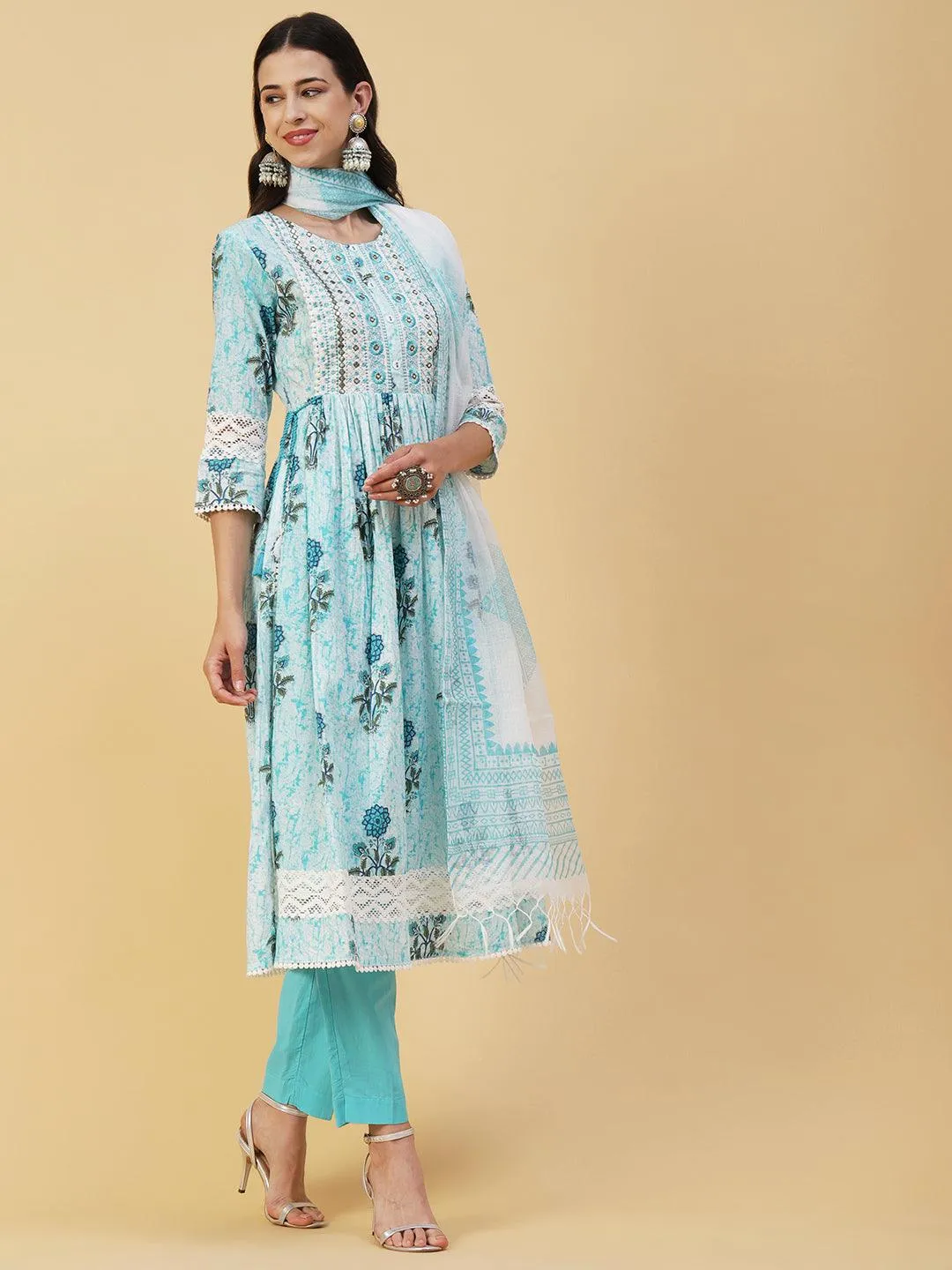 Floral Printed Mirror Embroidered High Slit Gathered Kurta With Pants & Dupatta - Sky Blue