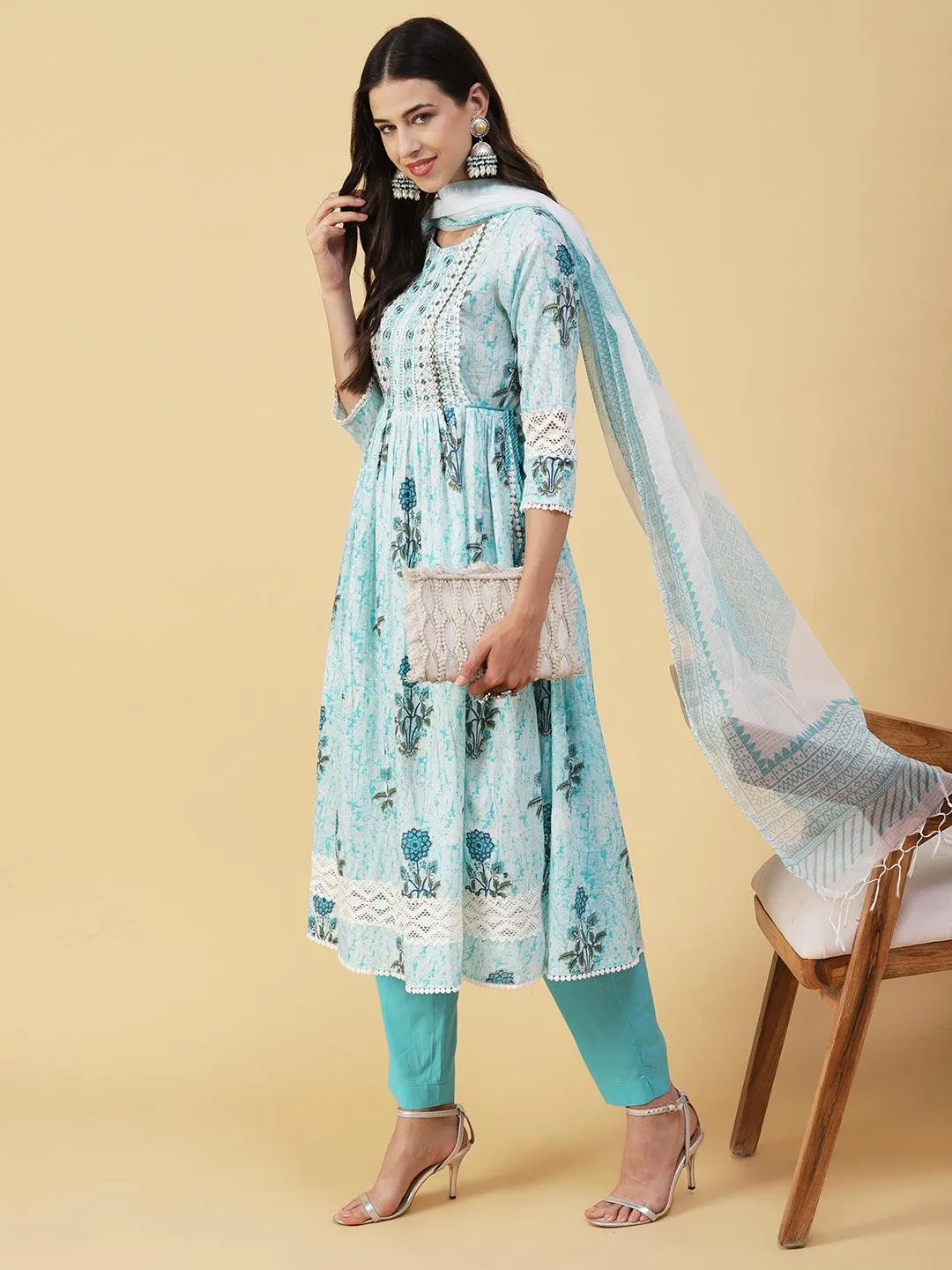 Floral Printed Mirror Embroidered High Slit Gathered Kurta With Pants & Dupatta - Sky Blue