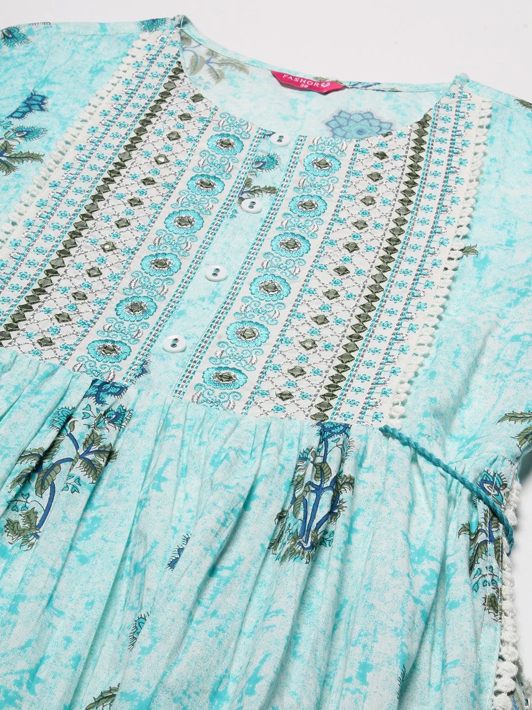 Floral Printed Mirror Embroidered High Slit Gathered Kurta With Pants & Dupatta - Sky Blue