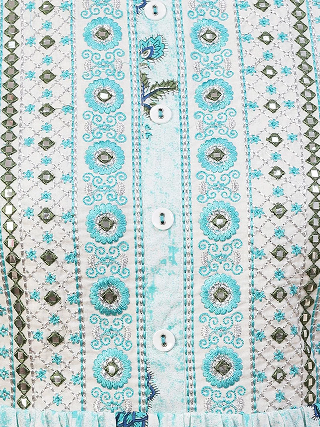 Floral Printed Mirror Embroidered High Slit Gathered Kurta With Pants & Dupatta - Sky Blue