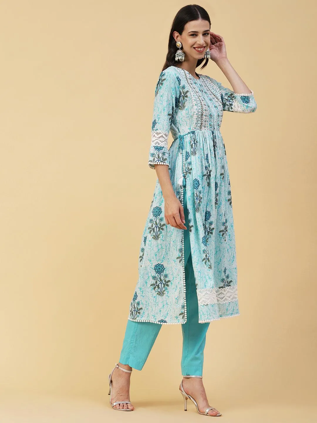 Floral Printed Mirror Embroidered High Slit Gathered Kurta With Pants & Dupatta - Sky Blue