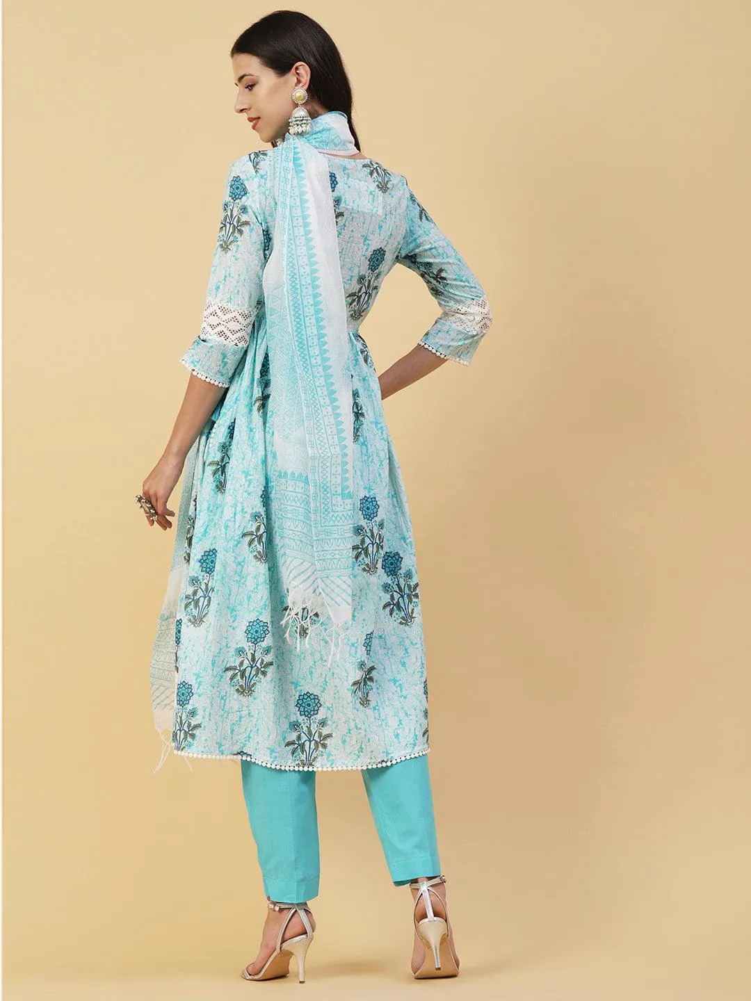 Floral Printed Mirror Embroidered High Slit Gathered Kurta With Pants & Dupatta - Sky Blue