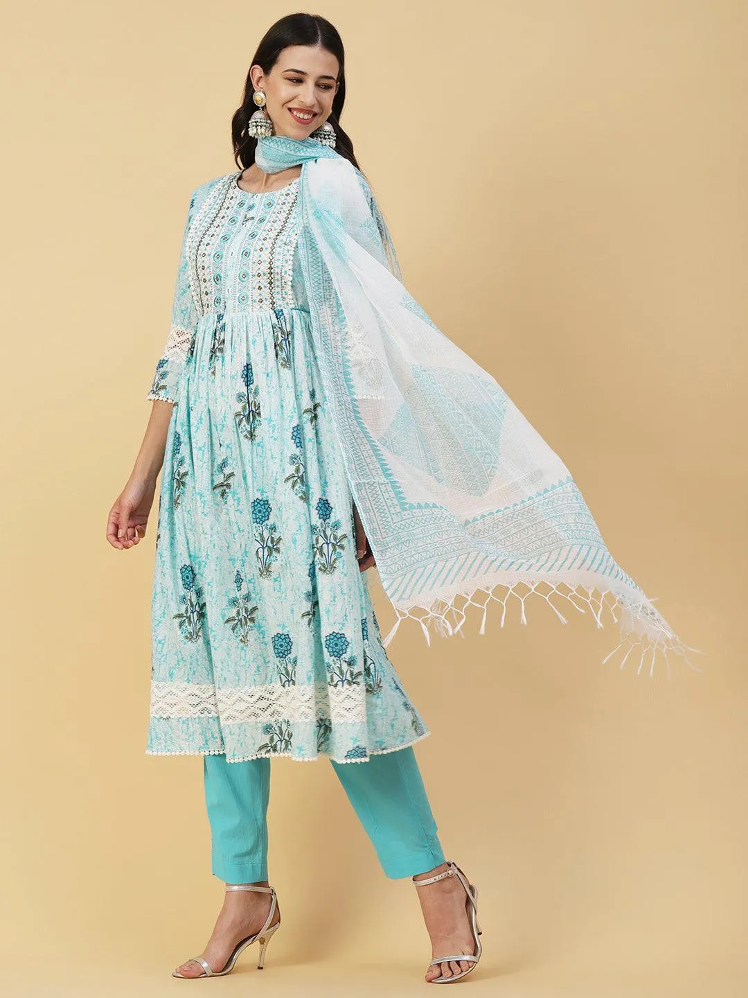 Floral Printed Mirror Embroidered High Slit Gathered Kurta With Pants & Dupatta - Sky Blue