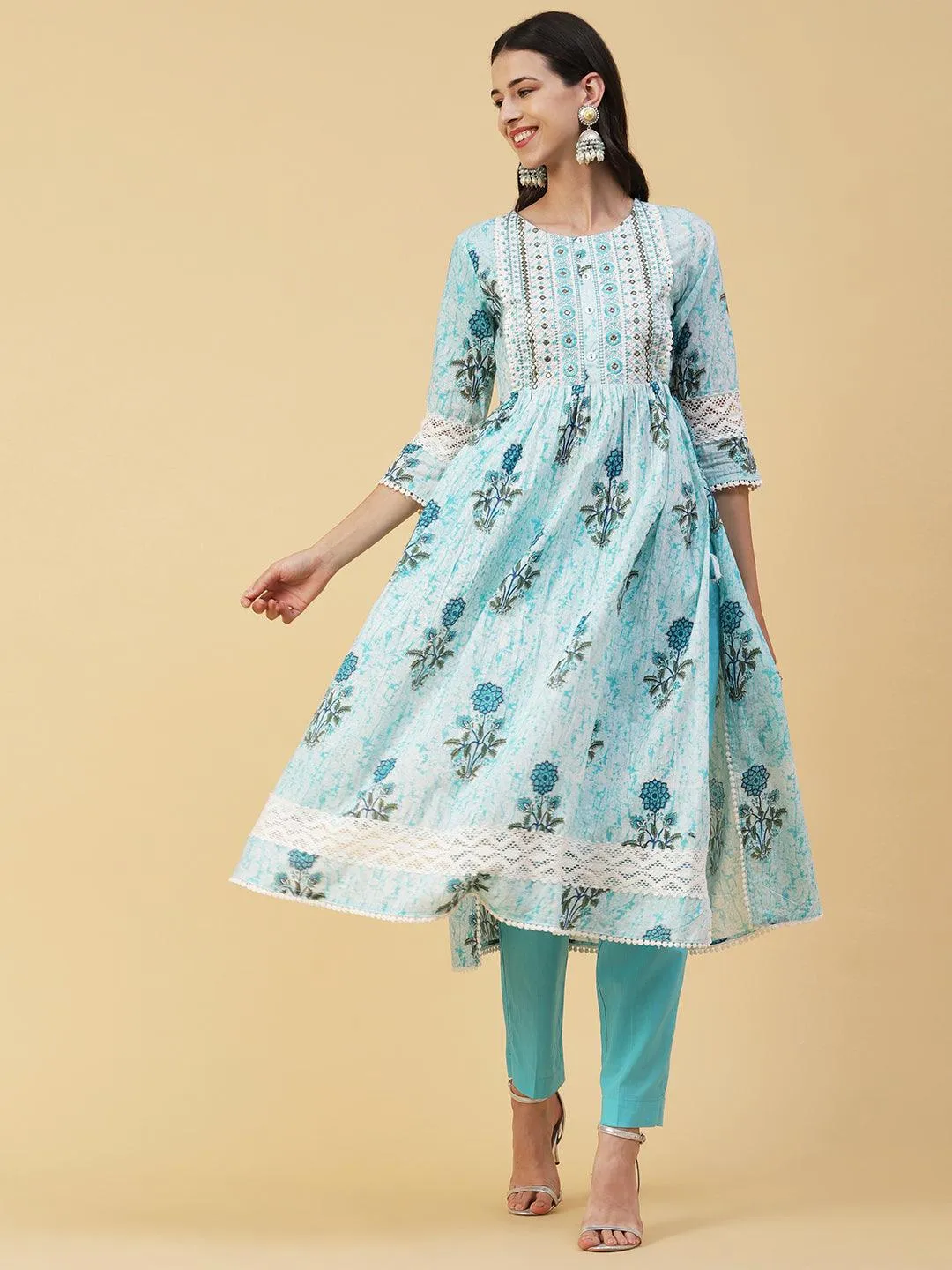 Floral Printed Mirror Embroidered High Slit Gathered Kurta With Pants & Dupatta - Sky Blue