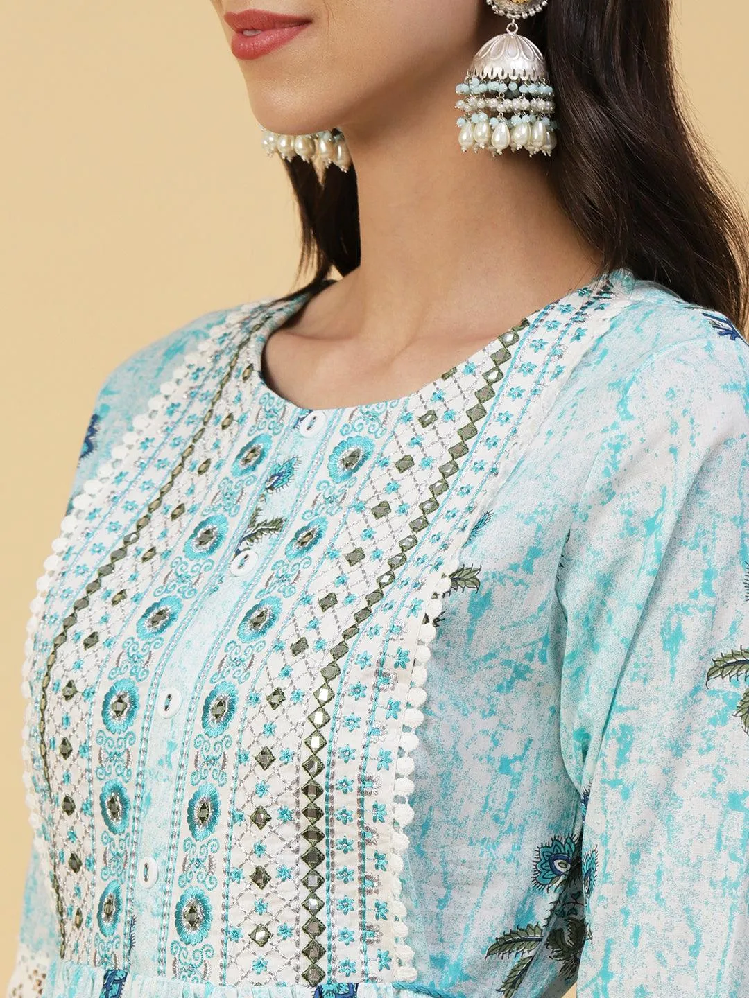 Floral Printed Mirror Embroidered High Slit Gathered Kurta With Pants & Dupatta - Sky Blue