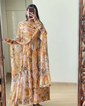 Floral Printed Peach Color Designer Gown