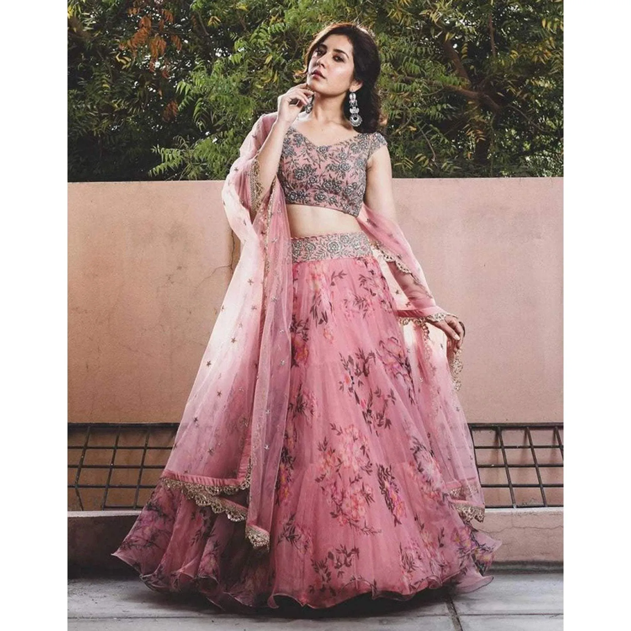 Floral Printed Pink Lehenga in Organza Silk and Embroidery Work